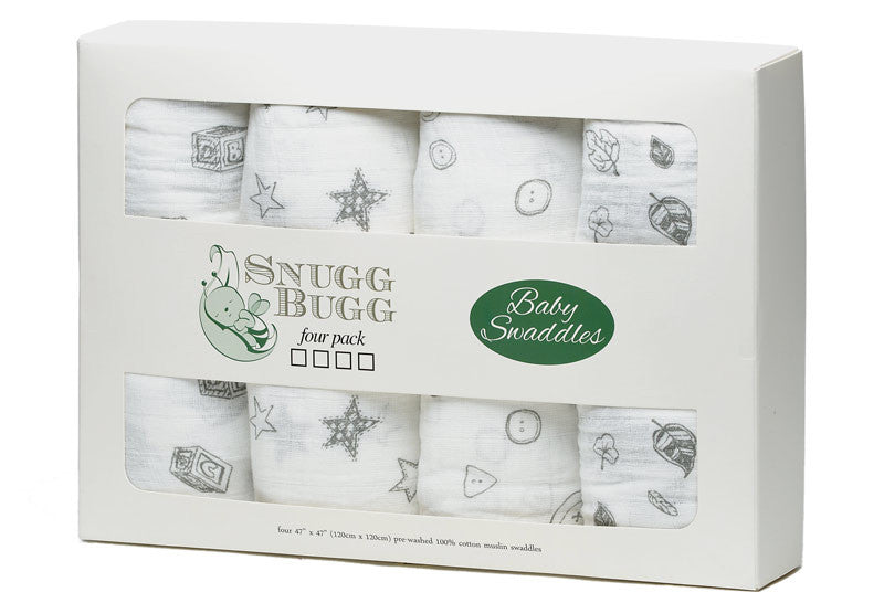 SnuggBugg Premium Muslin Baby Swaddles [4-Pack]